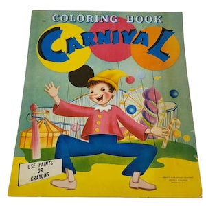 Vintage CARNIVAL Coloring Book Large  Abbott Kenosha WI USA 11x13 paper Ephemera Children vintage coloring book animals big pictures