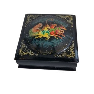 Vintage Russian Trinket Box Black Lacquer Wooden Hand Painted Signed Hinged, small box, Wooden Box, Painted Box, Russian Box, Painted Horses