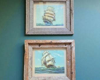 Vintage 3D Nautical Ship Art Pair Barnwood Frame Shadowbox Maritime Decor 13x15