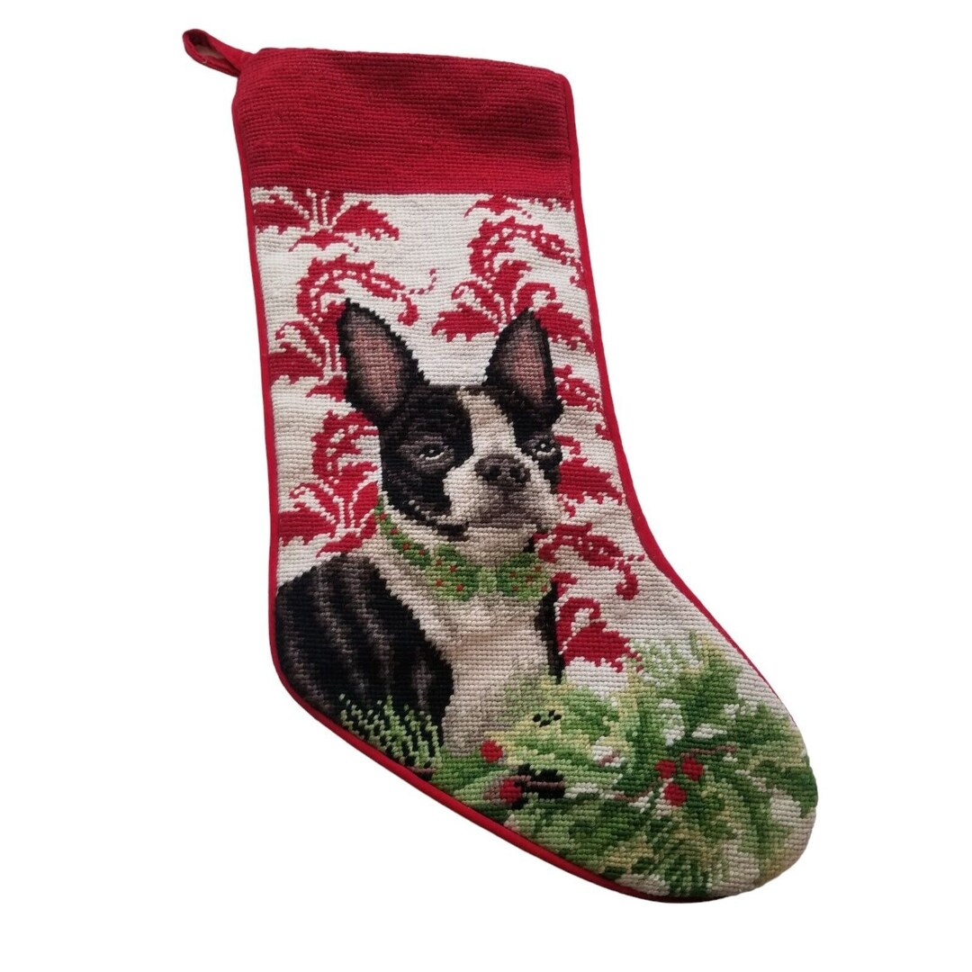 Christmas Stocking BOSTON TERRIER Needlepoint Dog Puppy Holiday Xmas