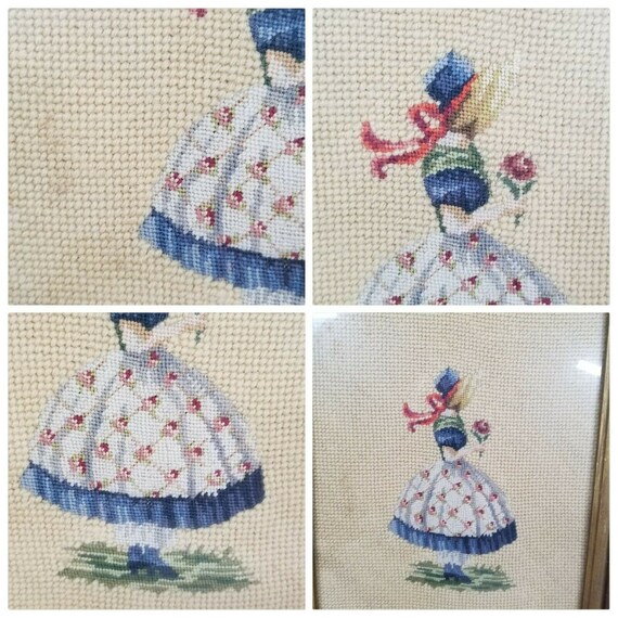 Vintage Needlepoint Framed Art Work Wood Frame Southern