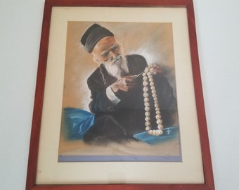 Vintage Art Pastel Portrait Drawing Old Man Pearls Rabbi Jewish Framed Matted, Jewish pastel, Jewish art, drawing of people, Jewish Man