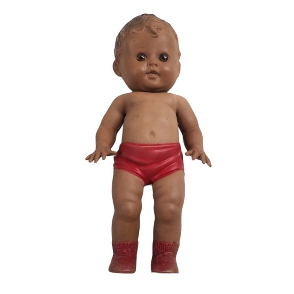Vintage Squeaky Toy Doll Sun Rubber Company Tod-L-Tot African American Boy Red