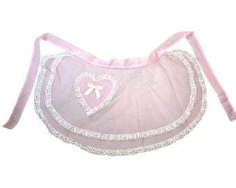 Vintage Sheer Apron Pink Heart Pocket Lace Trim Rockabilly Pinup Cottagecore 60s