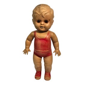 TOD-L-TIM Baby Doll Sun Rubber Squeaky Toy USA Vintage 50s Boy Red Outfit Squeak
