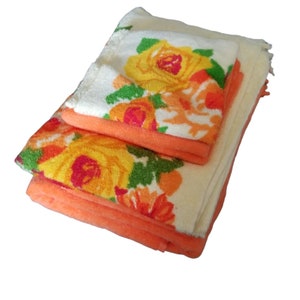 Vintage Towels Cannon Monticello Orange Yellow Bath Set 6 Piece Set Floral Flowers 1970s Bathroom Bath Set Wash Cloth  Hand Towels Retro