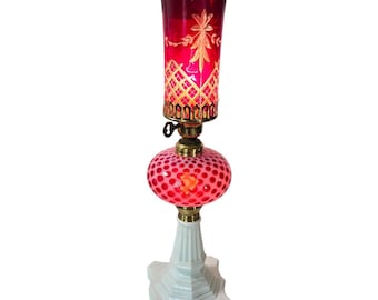 Vintage Cranberry Hobnail Glass Lamp: Cut to Clear Etched Shade, Milk Glass Base