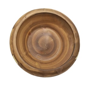 May include: A wooden bowl with a natural brown finish and a swirling grain pattern. The bowl is empty and ready to be filled.