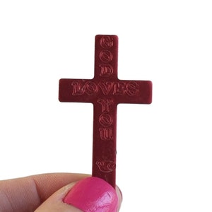 Red Cross GOD LOVES YOU Plastic Crucifix etching Dove 1.75&quot; Trinket Christian