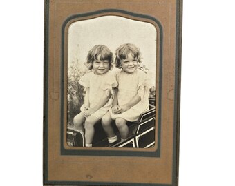 Vintage 1920s Twin Girls Photo Matching Dresses Antique Studio Portrait Framed