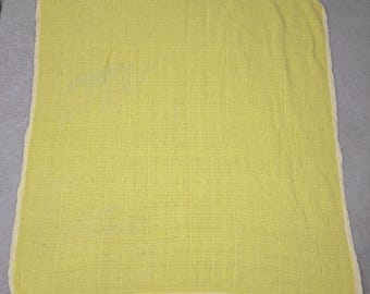 Vintage Baby Blanket Satin Trim Yellow Textured Weave 37x37 Neutral Nursery Crib