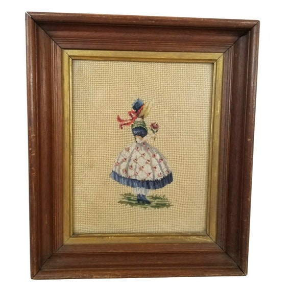 Vintage Needlepoint Framed Art Work Wood Frame Southern