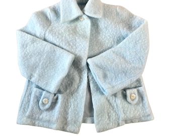 Vintage Baby Girl Blue Wool Coat: 1950s-60s Fuzzy Winter Jacket