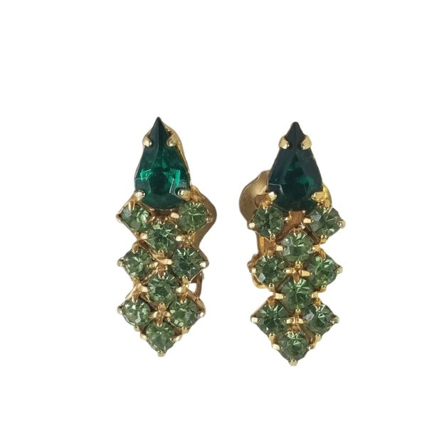 Vintage Green Drop Clip On Earrings Rhine Stone Gold Toned Dark and Light Green, green rhinestones, fancy earrings, sparkle earrings, formal