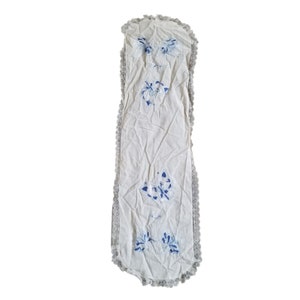Vintage Linen Dresser Runner Embroidered Table Decor Blue Flowers Butterfly READ