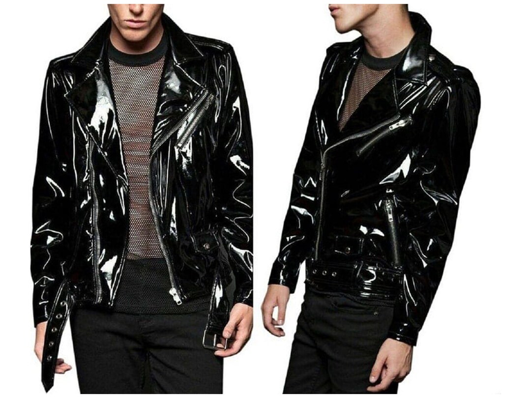 Mens Handcraft Punk Rockstar PVC Vinyl Shine Motorcycle Jacket Vintage ...