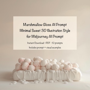 May include: A digital product advertisement featuring a 3D illustration of marshmallows on a white surface. The text reads "Marshmallow Gloss AI Prompt" and "Minimal Sweet 3D Illustration Style for Midjourney AI Prompt". Includes prompt and visual examples.