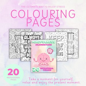 May include: A set of 20 mindfulness coloring pages featuring motivational phrases. The pages are black and white and feature a variety of designs, including flowers, brains, and other abstract patterns. The text on the pages includes phrases like "You are always enough" and "Keep going".