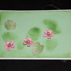 Monstera leafs plant with pink flowers handmade 3D card image 2