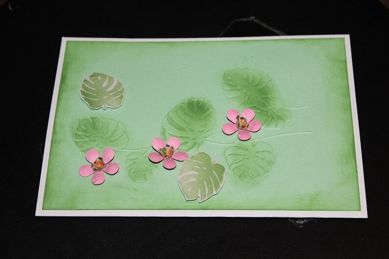 Monstera leafs plant with pink flowers handmade 3D card image 2