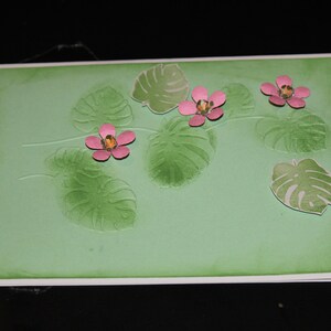 Monstera leafs plant with pink flowers handmade 3D card image 5