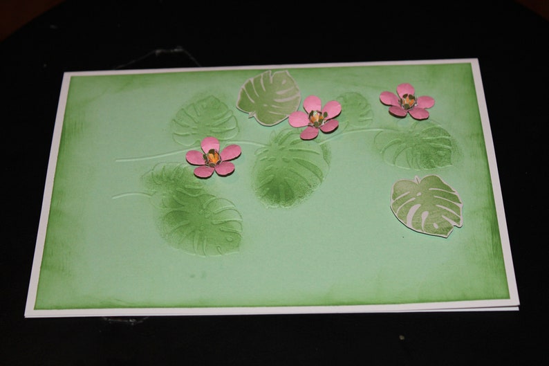 Monstera leafs plant with pink flowers handmade 3D card image 5