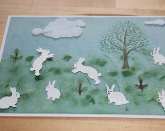 Cottage Core Gifts, Bunnies In The Field Card Handmade, Rabbits Birthday Card, New Baby Cards, Bunny in Spring Card