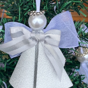 Handmade Silver Angel Christmas Ornament: Pearl Head, Ribbon Wings