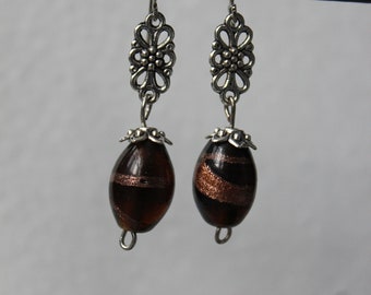 Bronze Sparkle Swirl on Brown Bead Earrings, Dangling Earrings, Swirl Earrings, Christmas Gift for Mom, Inexpensive Earrings, Oval Gift Wife