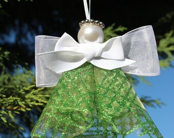 Green Angel, Tulle Angel Ornament, Handmade Ornament, Christmas Decoration, Christmas Gift, Angel Figurine, Gift for Her/Him