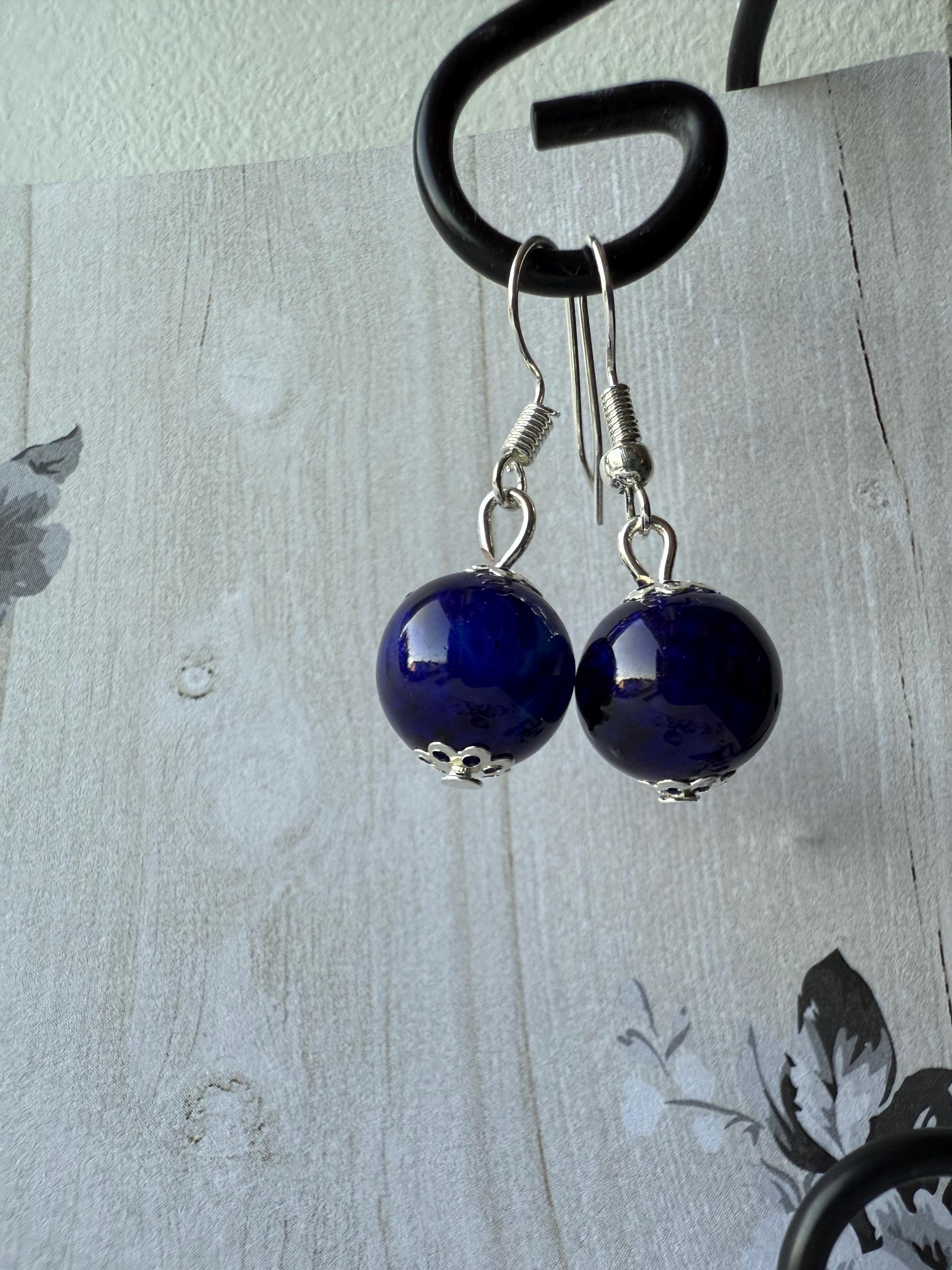 Blue Color 10mm Bead Dangling Drop Earrings Gift for Mom Sister Daughter or Friend Wedding Bridal Handmade Women Jewelry