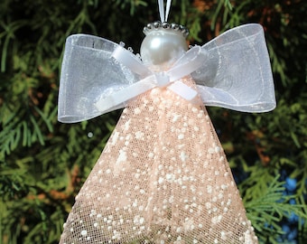 Peach Angel Ornament, Handmade Ornament, Angel Figurine, Tulle Angel Ornament, Gift for Her/Him, Angel to Remember Someone who Has Passed