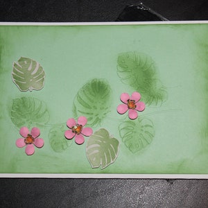 Monstera leafs plant with pink flowers handmade 3D card image 4