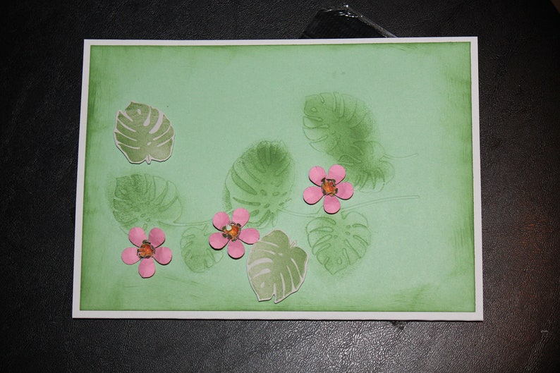 Monstera leafs plant with pink flowers handmade 3D card image 4