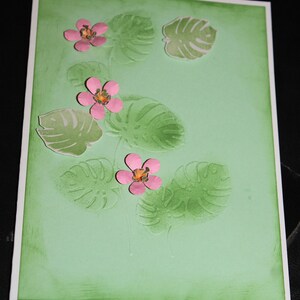 Monstera leafs plant with pink flowers handmade 3D card image 1