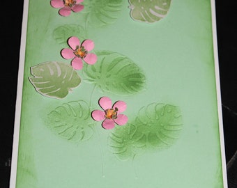 Monstera leafs plant with pink flowers handmade 3D card