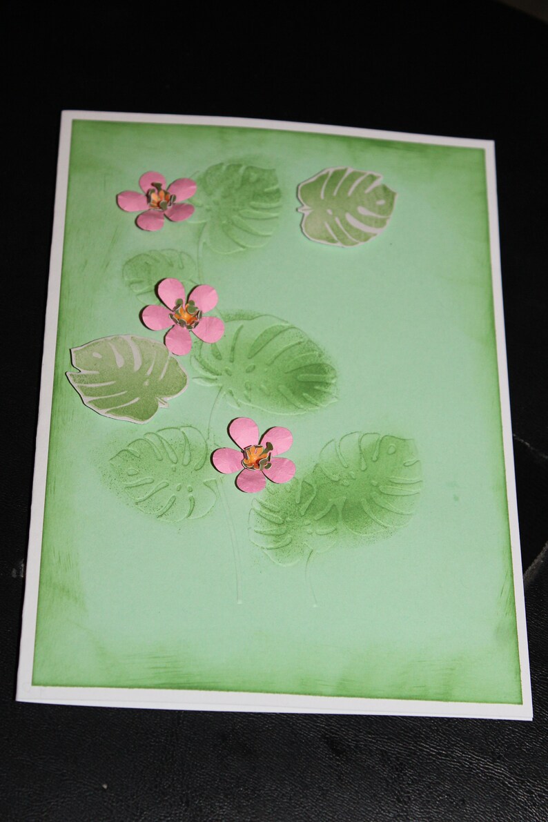 Monstera leafs plant with pink flowers handmade 3D card image 1