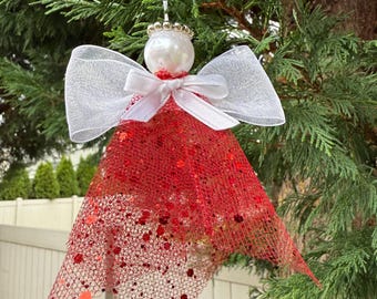 Handmade Red Sparkle Angel Ornament: Tulle Dress, Pearl Head