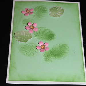 Monstera leafs plant with pink flowers handmade 3D card image 3
