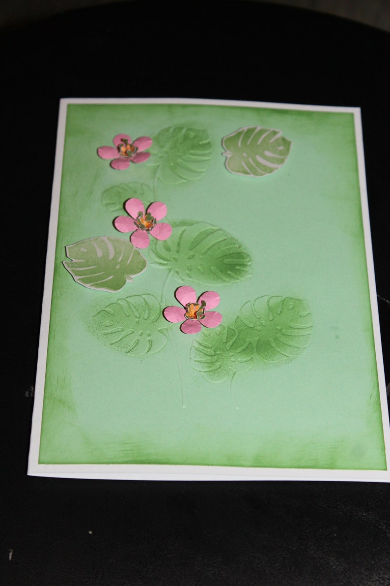 Monstera leafs plant with pink flowers handmade 3D card image 3
