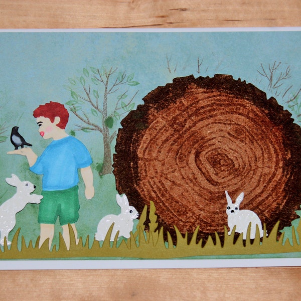 Cottage Core Gifts, Handmade Cards, Boy with bunnies in a field by a Tree Ring Card, Blank Card