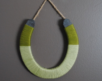 Horseshoe Wall Hanging- green yarn-wrapped, colorful stripes, lucky, rustic, nursery, modern, Boho, macrame,fiber art,modern,simple,unique