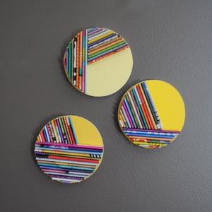 yellow set of 3 cirlces round BRIGHT modern wall art made from recycled magazines,unique,round,pop of color,color blocking,cute,fun image 1