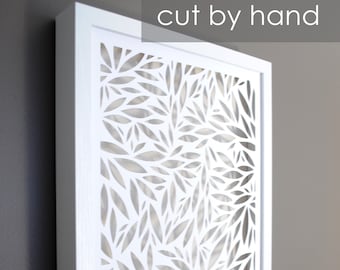 delicate leaves PAPER CUTTING - all white, depth, texture, Paper cut art, flowers,unique wall art, framed paper cut, white paper, layer,tan