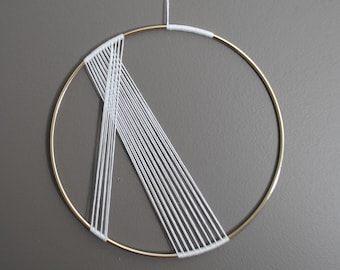 unique 8" dia hoop -white & gold STRING wall art -art deco chic,geometric,minimalist,lines, modern wall hanging, circle, artistic texture