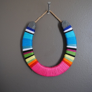 Horseshoe Wall Hanging rainbow yarn-wrapped, colorful stripes, lucky, serape, rustic, nursery,modern, Boho, macrame,fiber art,modern,simple image 1