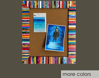 rectangular cork board- made from recycled magazines,colorful stripes,blue,green, red, purple, pink, yellow, orange, bulletin board, square