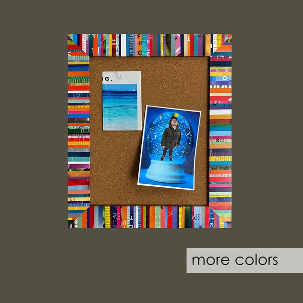 rectangular cork board- made from recycled magazines,colorful stripes,blue,green, red, purple, pink, yellow, orange, bulletin board, square