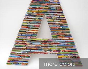LARGE 12" letters, numbers, symbols made with recycled magazines-colorful, unique, nursery decoration, alphabet, PLAY, fun, creative,modern