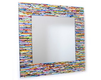 colorful square mirror, wall art- made from recycled magazines, blue, green, red, purple, pink, yellow, orange